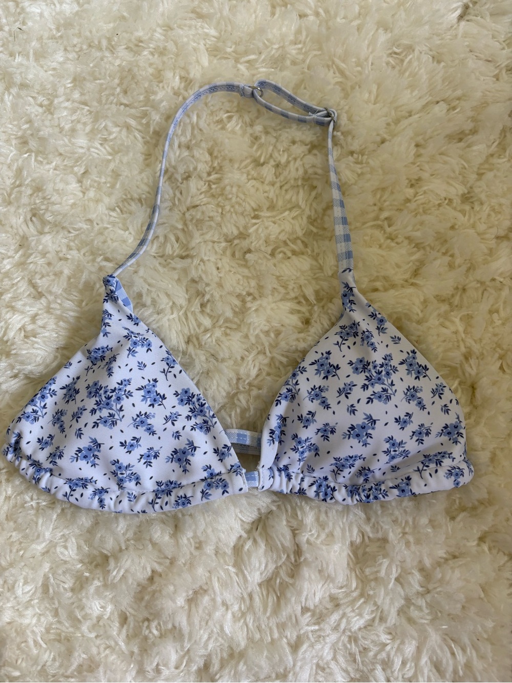 SHEIN White and Blue Floral Triangle Bikini Top